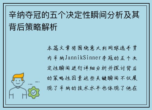 辛纳夺冠的五个决定性瞬间分析及其背后策略解析
